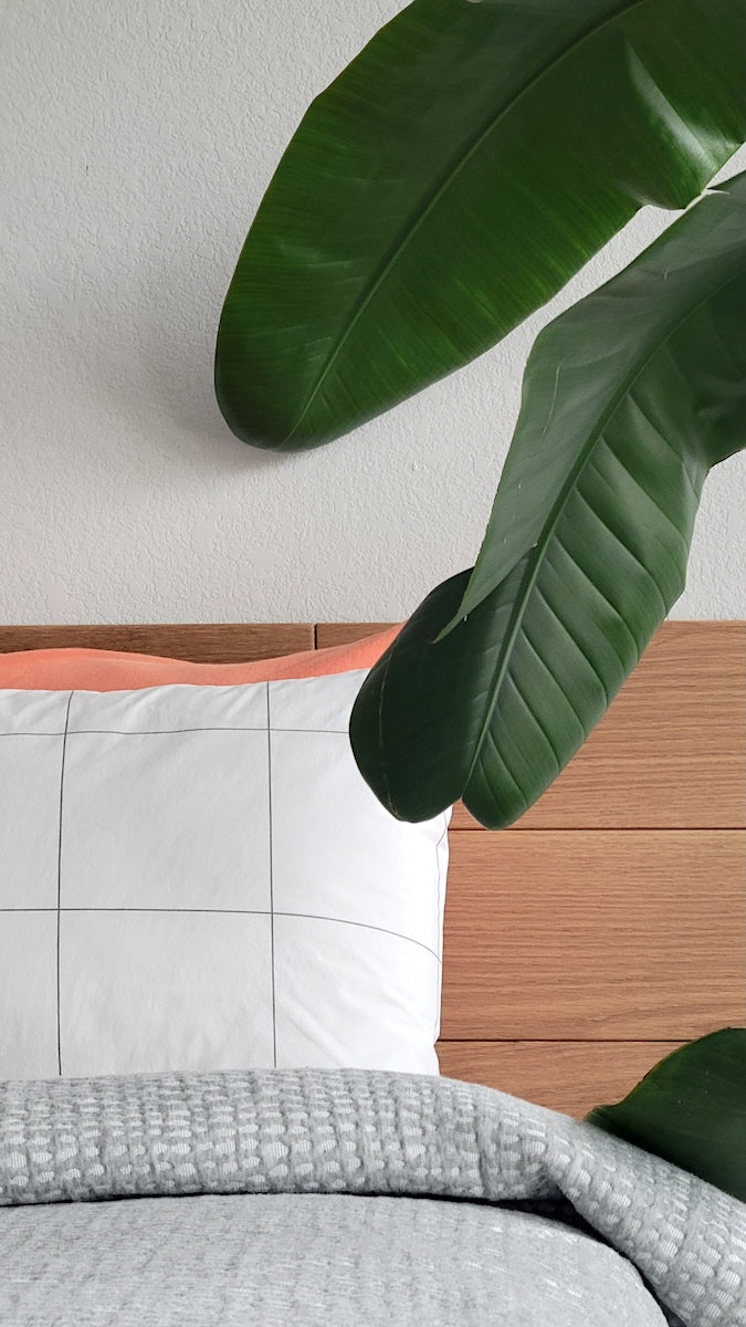 TALAYA Solid Ground tiles in Honey Oak finish installed above a bed in a straight lay pattern, natural light, simple grey and white bedding, bird of paradise leaves