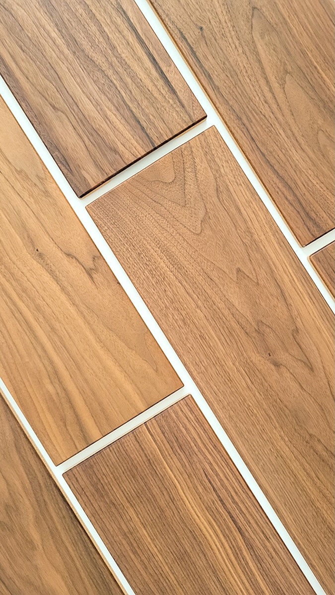 TALAYA Solid Ground tiles in Walnut Mocha finish, arranged in offset brick pattern, multi-row layout on white background