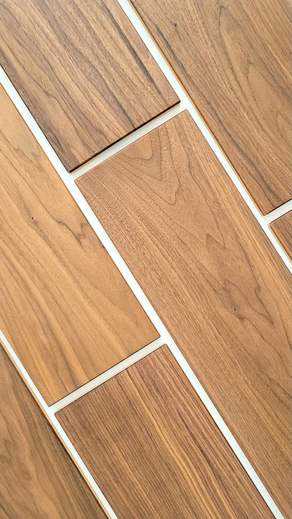 TALAYA Solid Ground tiles in Walnut Mocha finish, arranged in offset brick pattern, multi-row layout on white background