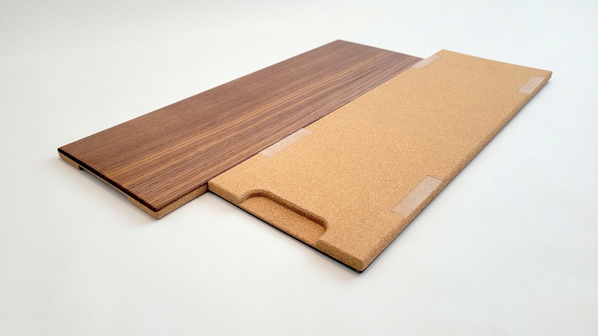 TALAYA Solid Ground Walnut Mocha tiles showing face and cork backing side by side, angled view on white background